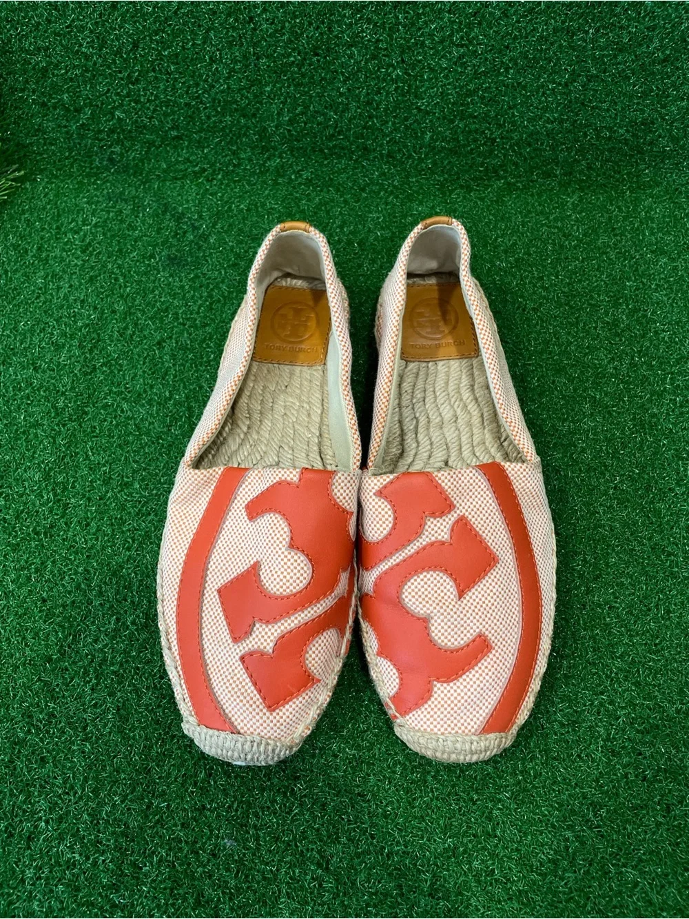 Tory Burch Lonnie Espadrilles Flats Big Logo Canvas Leather Orange Sz 7 Women’s